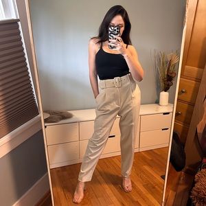 Zara High Waisted Belted Nude Neutral Slack Pants